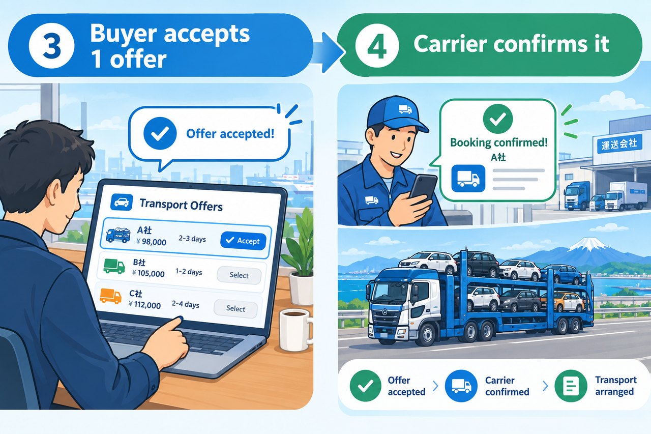 Buyer accepts 1 offer → carrier confirms it