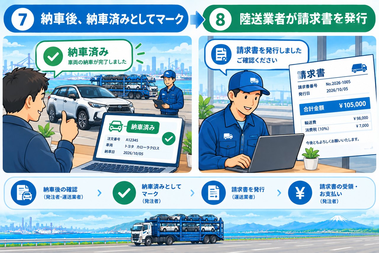納車後 → 納車済みとしてマーク → 陸送業者が請求書を発行